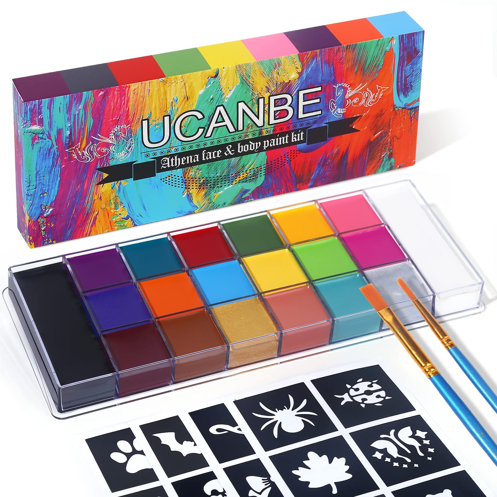 UCANBE Athena Face Body Painting Kit - 20 Color Large Deep Pan Paint, 24 Stencils, 2pcs Brushes, Professional Oil Based SFX Makeup Palette for Art, Theater, Halloween, Parties and Cosplay at Amazon