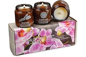 Hemlock Park Apothecary Wood Wick Candle Trio | Gift Set of Three 4 oz Candles Handcrafted with Natural Coconut Wax (Garden | Lavender, Scarlet Rose, Sea Salt Orchid)