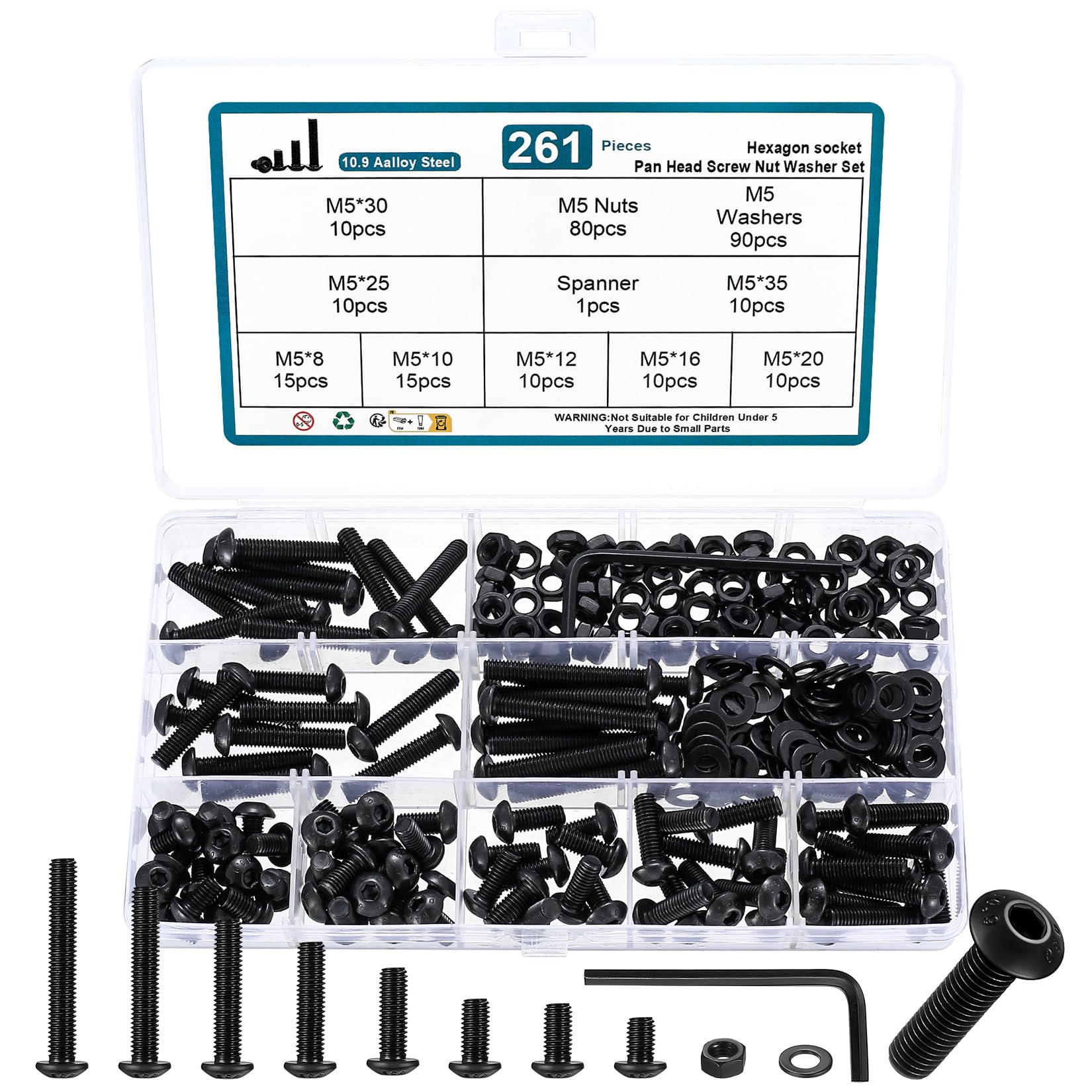 261 Pcs M5 Bolts and Nuts Set, Black Round Head Hex Socket Screws, with Wrench