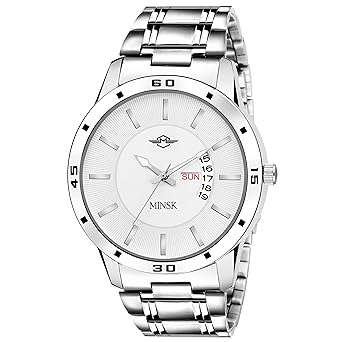 MINSK MK7088 Stainless Silver Strap White Dial Day & Date Boys Wrist Watch - for Men