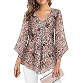 Viracy Womens Dressy Blouse V Neck Double Layers Elastic Mesh Casual Flowy Work Shirts Ruffle 3/4 Flared Sleeve Tunic Tops