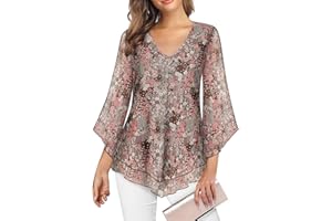 Viracy Womens Dressy Blouse V Neck Double Layers Elastic Mesh Casual Flowy Work Shirts Ruffle 3/4 Flared Sleeve Tunic Tops