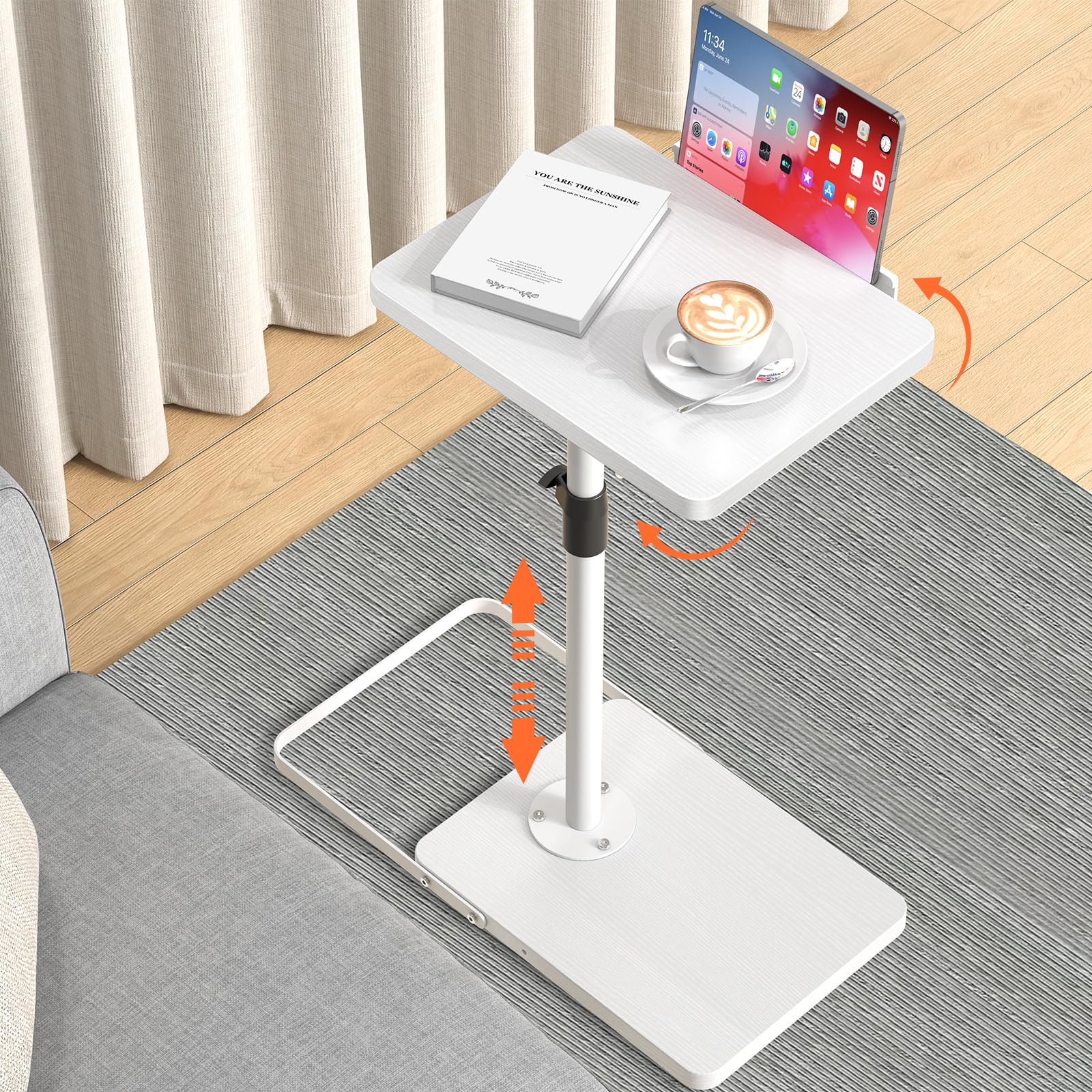 Photo 1 of TV Tray Table for Couch, Height Adjustable/360° Swivel/180° Flip-Over Panel Design C-Shaped End Table, Sofa Arm End Side Table with Phone & Tablet Slot for Eating, Laptop,Couch Bed (White)