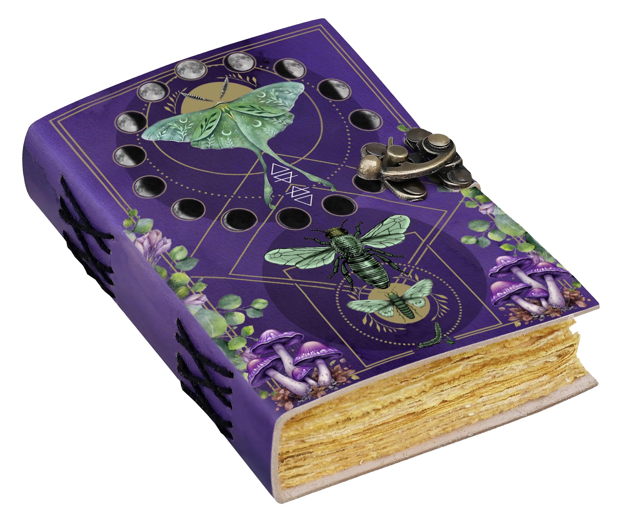 Blank Spell Book of Shadows Journal with Lock Clasp Vintage Handmade Leather Luna Moths and Morpho Butterfly Print Diary Prayer Pagan Witchcraft Supplies Wiccan Decor Notebook (6x4 Poket Journal)