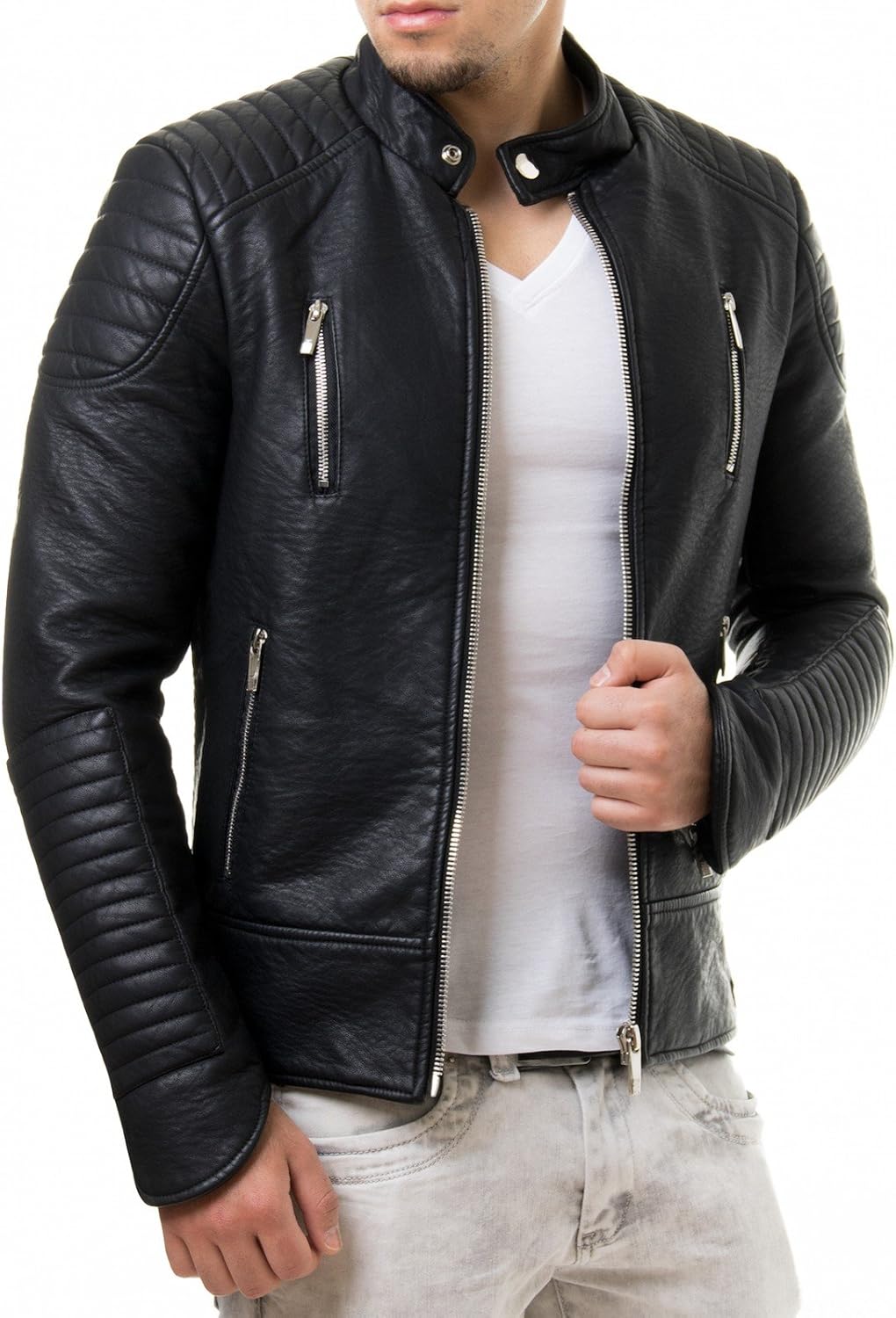 Prestige Homme Herren Kunst Lederjacke Biker Style Zipper Gesteppt Pr19 Farbe Schwarz Grosse Xxl Amazon De Bekleidung