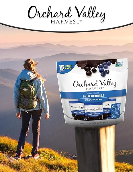 ORCHARD VALLEY HARVEST DARK CHOCOLATE COVERED BLUEBERRIES, 1 OUNCE(PACK OF 15), GLUTEN FREE, NON-GMO, NO ARTIFICIAL INGREDIENTS