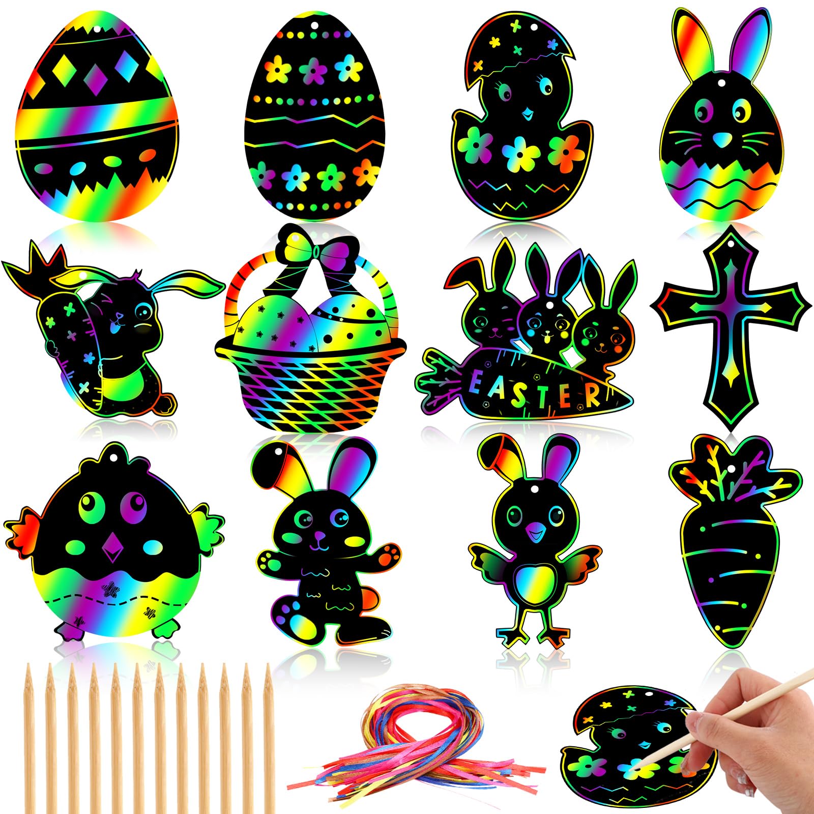 JULMELON Easter Crafts, 36 Pack Magic Rainbow Scratch Paper Kit Cute Bunny Scratch Art for Easter Party Favors Gifts Egg Basket Stuffers