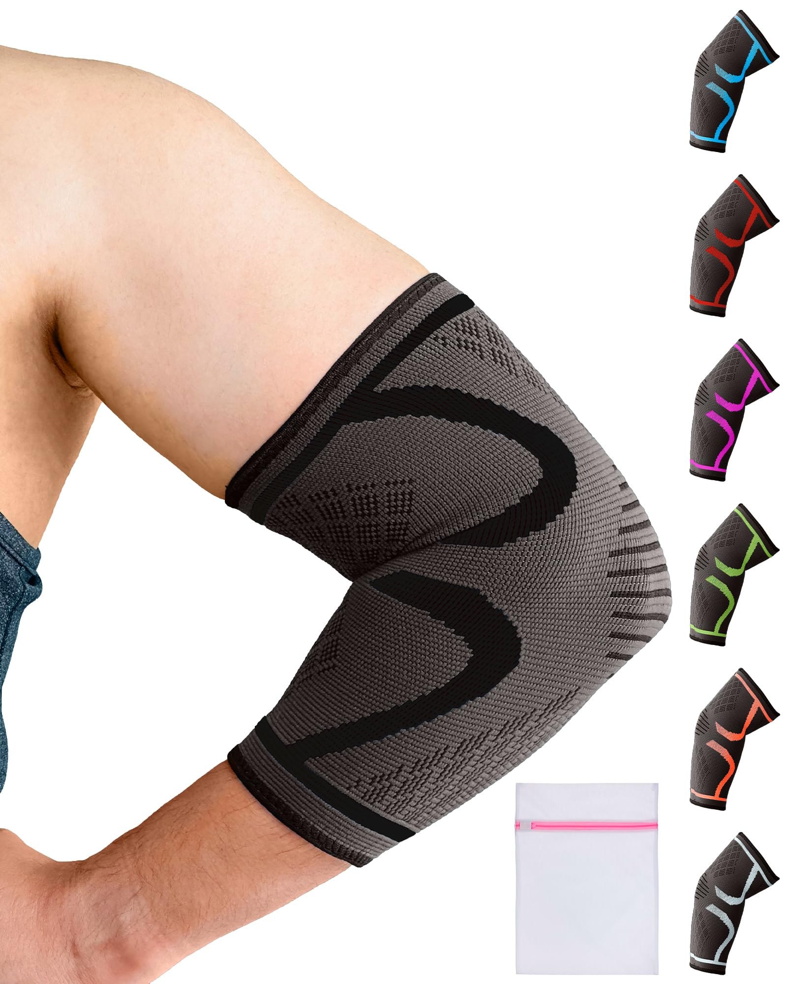 360 RELIEF Elbow Support for Men, Women, Kids, 1 Pack Compression Elbow Sleeve for Tennis, Golfers, Sports, Fitness, Gym, Weightlifting, Large, Black + Laundry Bag