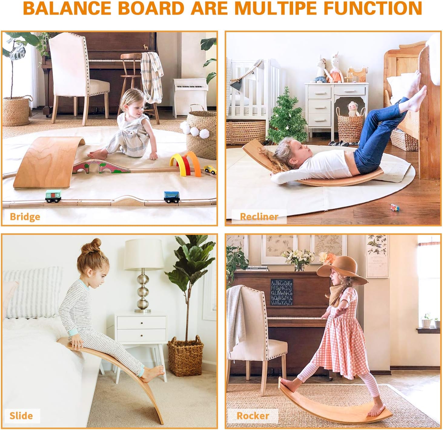 HAN-MM Wooden Wobble Balance Board Waldorf Toys Balance Board Kid Yoga Board Curvy Board - Wooden Rocker Board 35 Inch Kid Size (Natural): Toys & Games