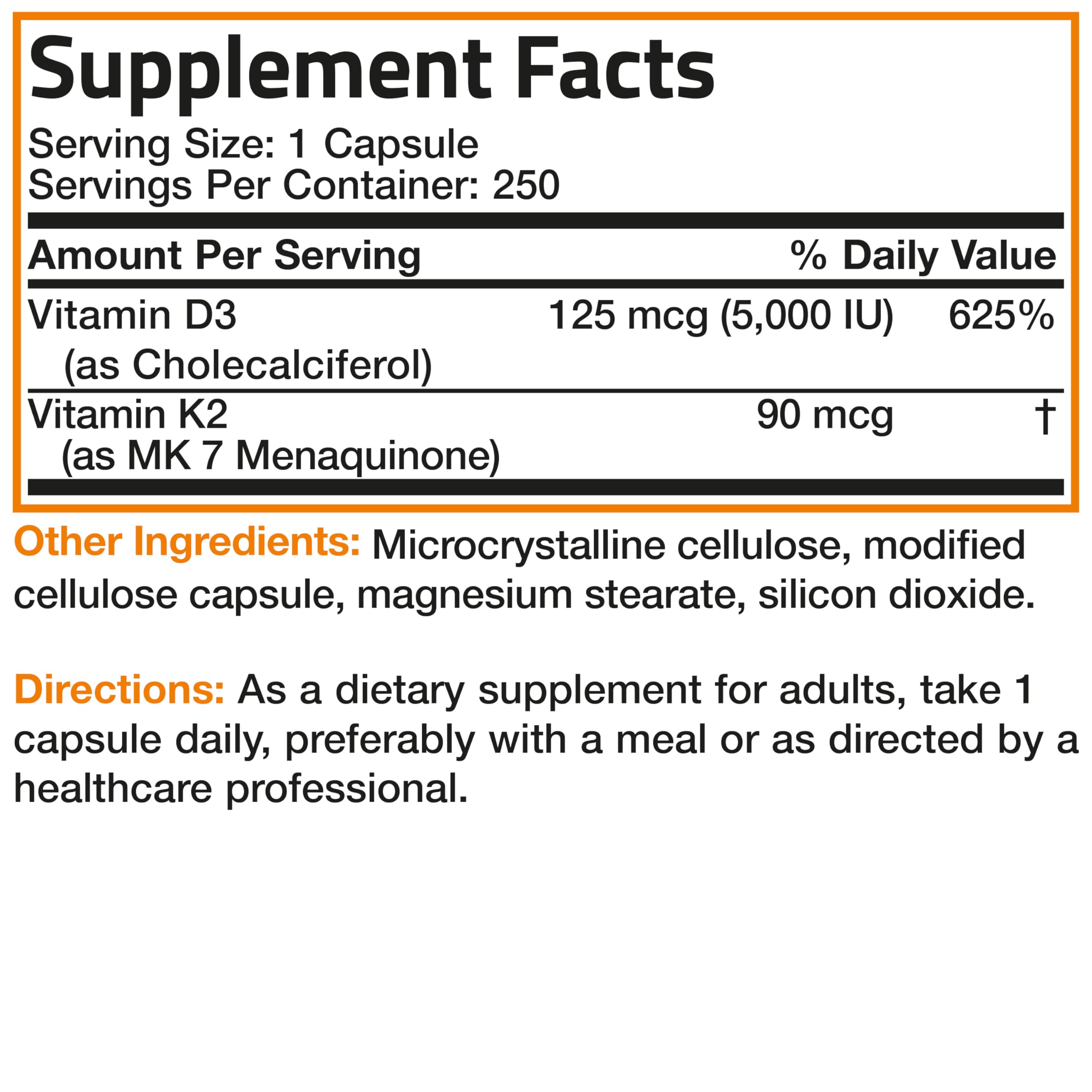 Bronson Vitamin K2 (MK7) with D3 Supplement Non-GMO Formula 5000 IU Vitamin D3 & 90 mcg K2 MK-7 Easy to Swallow D & K Complex, 250 Capsules
