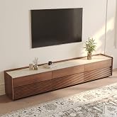 POVISON 94.49" Fully-Assembled Wood TV Stand with Adjustable LED Light | Mid Century Modern Matte Sintered Stone, Fluted Media Console with Storage, Entertainment Center with Drawers for Living Room