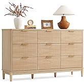 LINSY Fluted Dresser for Bedroom with 9 Drawers, Mid Century Modern Chest of Drawers with Gold Metal Handles, Wide Boho Wood Dressers, Large Farmhouse Storage Cabinet for Bedroom, Living Room, Oak