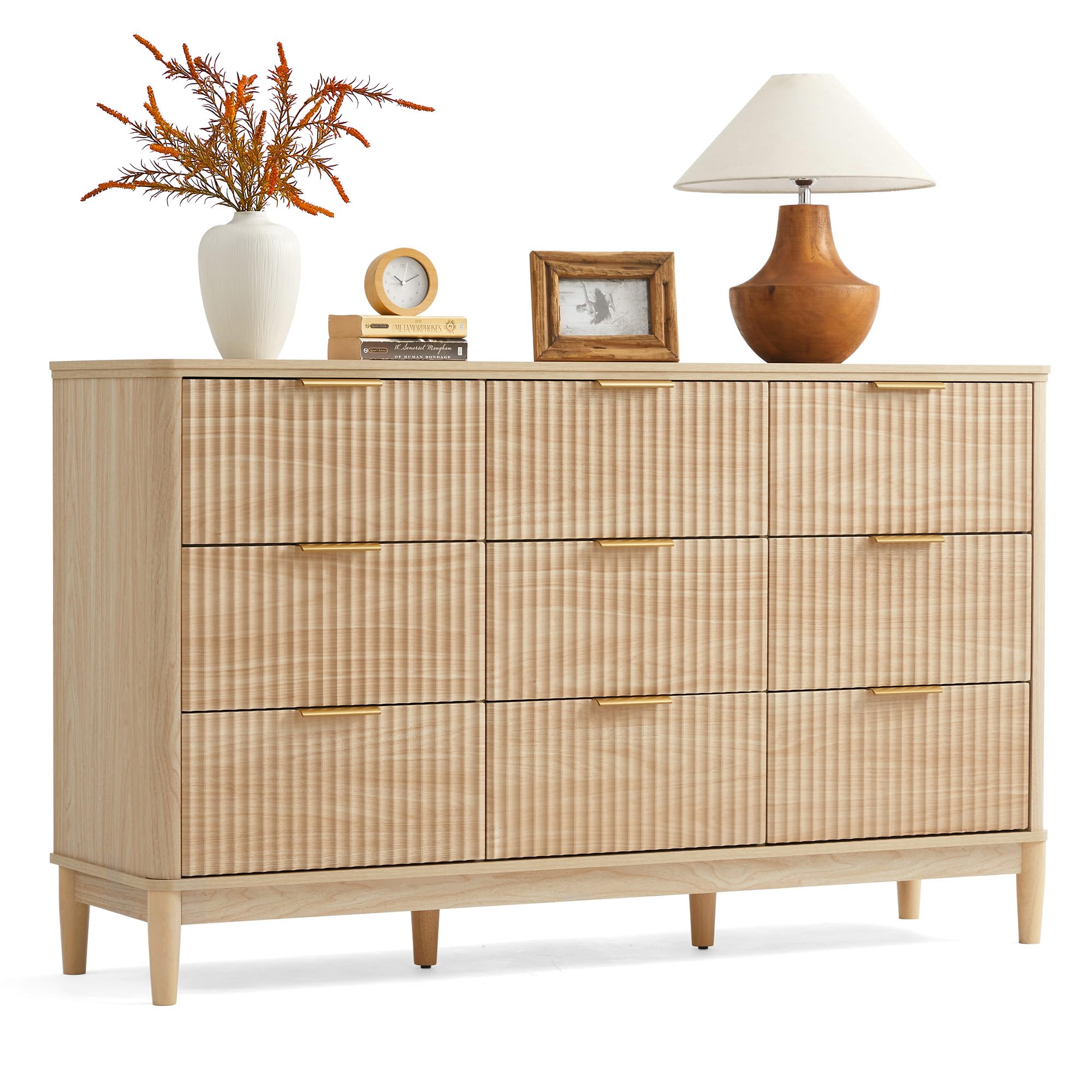 Photo 1 of ****PARTIAL SET*** LINSY Fluted Dresser for Bedroom with 9 Drawers, Mid Century Modern Chest of Drawers with Gold Metal Handles, Wide Boho Wood Dressers, Large Farmhouse Storage Cabinet for Bedroom, Living Room, Oak