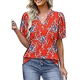 Womens Floral Printed Tops Summer V Neck Short Puffy Sleeve Tshirts Casual Tunic Red M