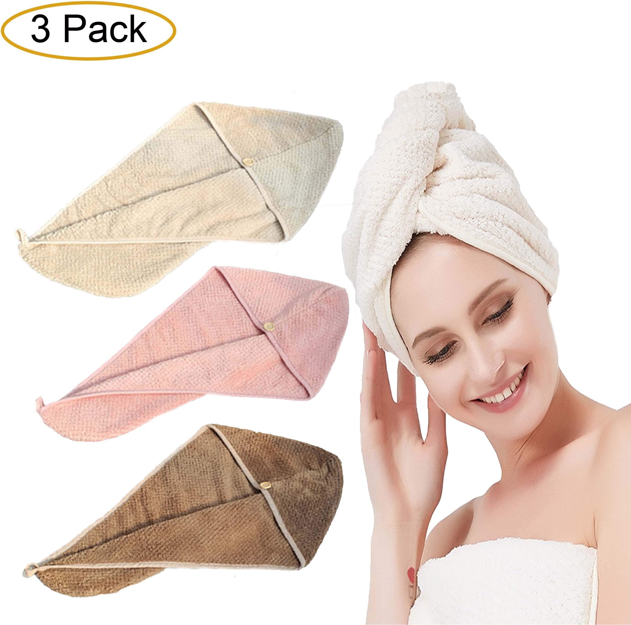 GCOA3 Pack Hair Drying Towel Wrap Turban Microfiber Bath Shower Head Towel with Buttons, Quick Magic Dryer, Fast Dry Hair Hat, Wrapped Bath Cap (Pink & Beige & Dark Coffee)