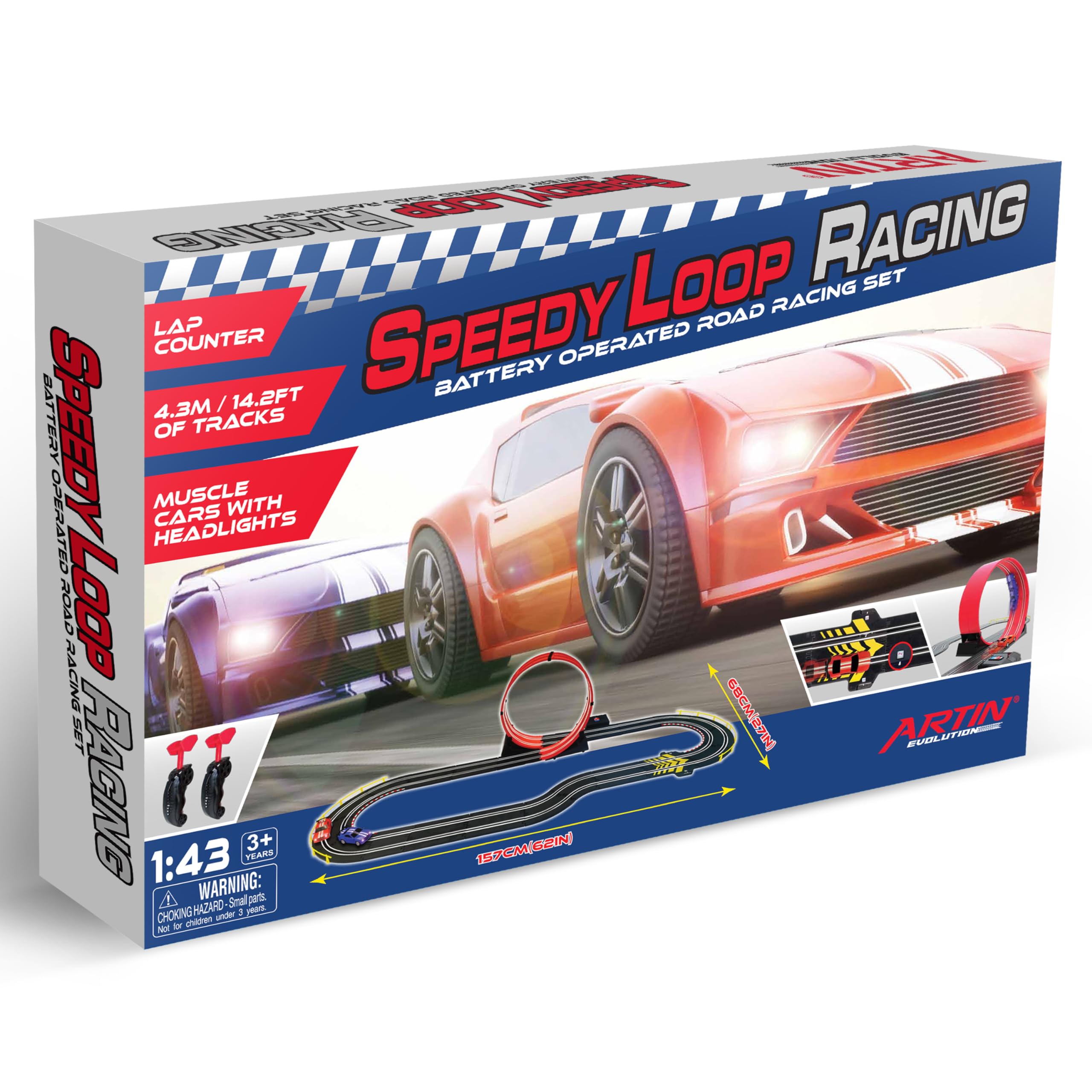 BANDAI Artin Speed Loop Racing Slot Car Set | 4.3m 2 Player Electric Race Car Track With 2 Muscle Cars And Speed Controls | Adults And Kids Electric Car Racing Toys Make Great Remote Control Gifts