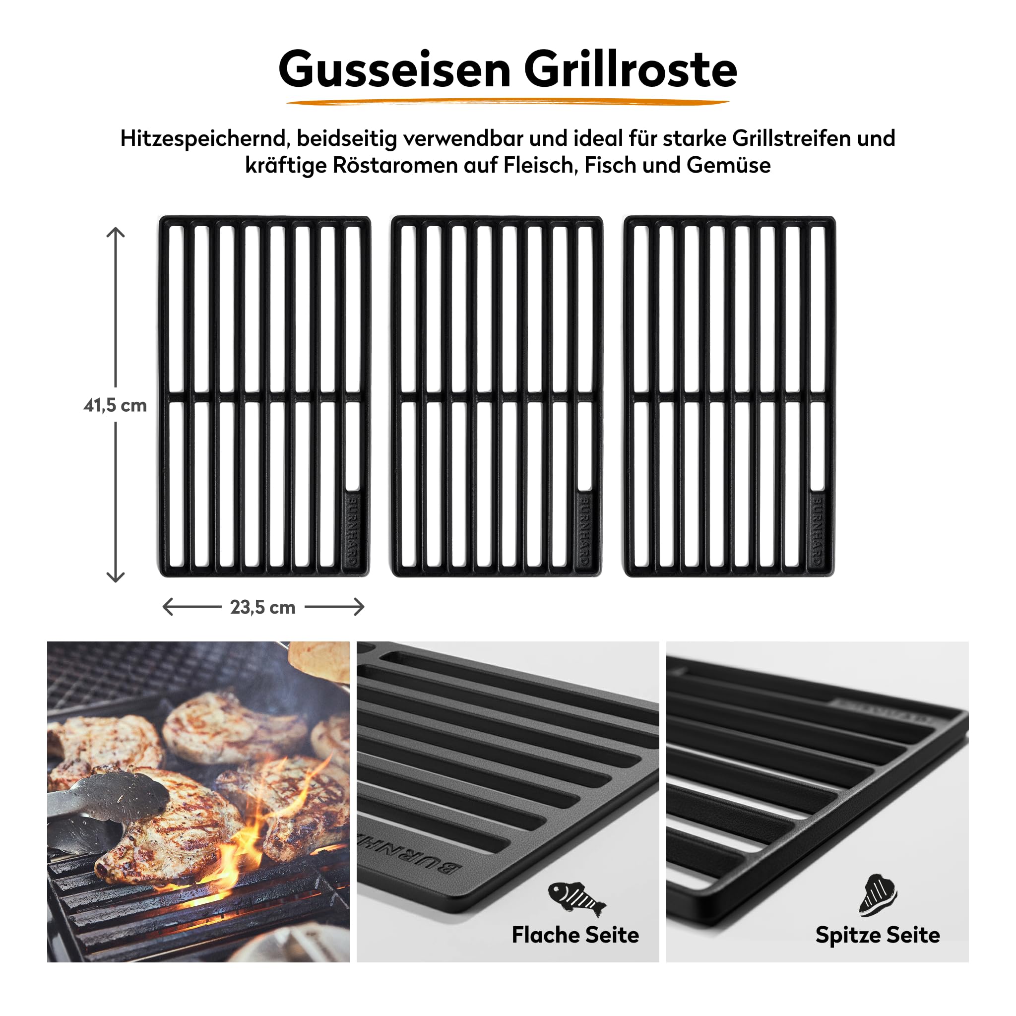 BURNHARD® Gasgrill 4-Brenner inkl. BACKBURNER, 900°C Infrarot-Keramikbrenner, Seitenkochfeld, Gusseisenrost, Abdeckhaube, Schwarz – Big FRED Deluxe 3