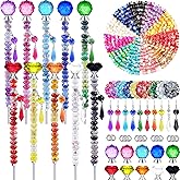 300 Pcs DIY Fairy Wand Beaded Garden Stakes Kit, Fairy Wands Garden Kit Colorful Large Hole Bead with Pendants Crystal Stopper Top Threaded Rod Beaded Garden Stakes Supplies for Outdoor Decorative