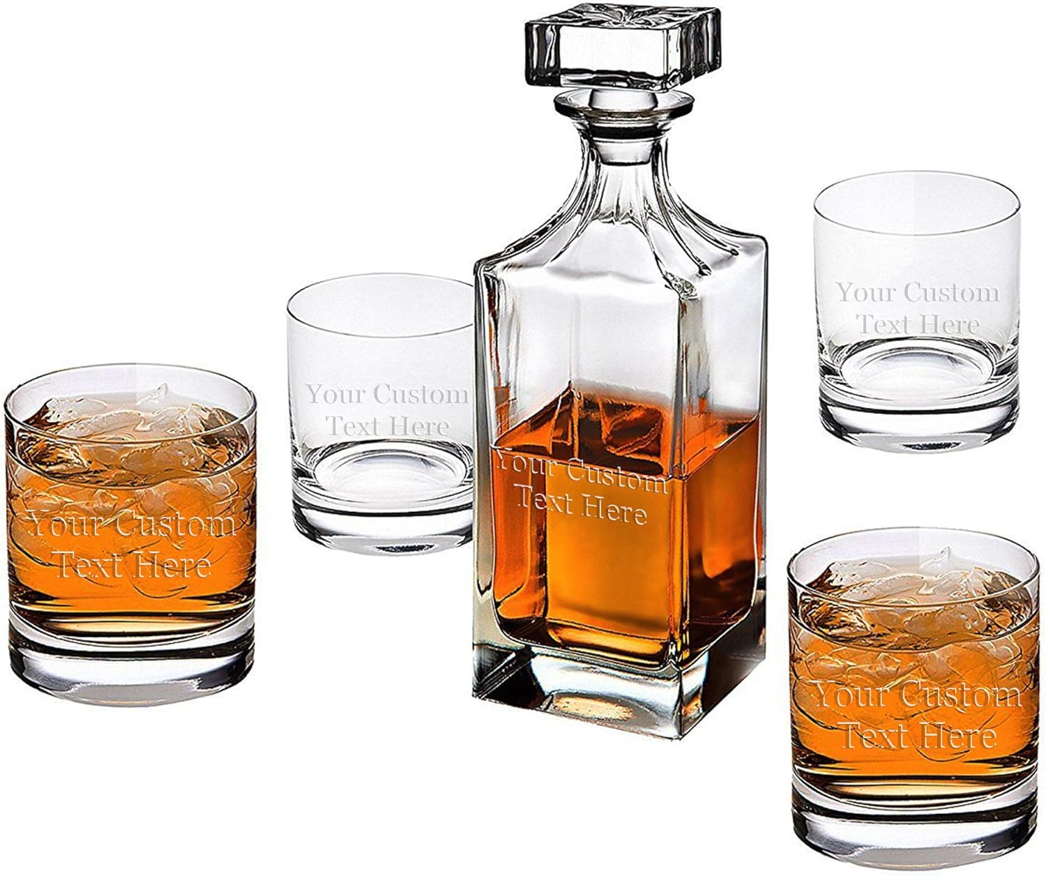 ANY TEXT, Custom Customized Engraved Whiskey Scotch Decanter Set of 4 Glasses 32oz Bottle and 10.5oz Glass - Personalized Laser Engraved Text Customizable Gift For Him, For Her, For Boys, For Girls,