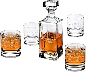 ANY TEXT, Custom Customized Engraved Whiskey Scotch Decanter Set of 4 Glasses 32oz Bottle and 10.5oz Glass - Personalized Laser Engraved Text Customizable Gift For Him, For Her, For Boys, For Girls,