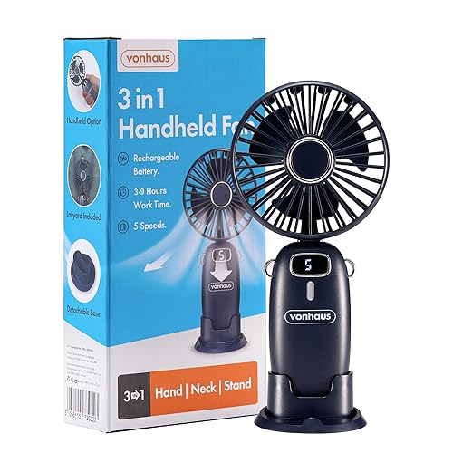 VonHaus Handheld Fan – Mini, Portable, Lightweight, USB Rechargeable, 5 Speeds, 90° Folding, 60cm Lanyard, Phone Stand – Cooling Fan Ideal for Desktop, Home, Office, Travel, Living Room, Bedroom