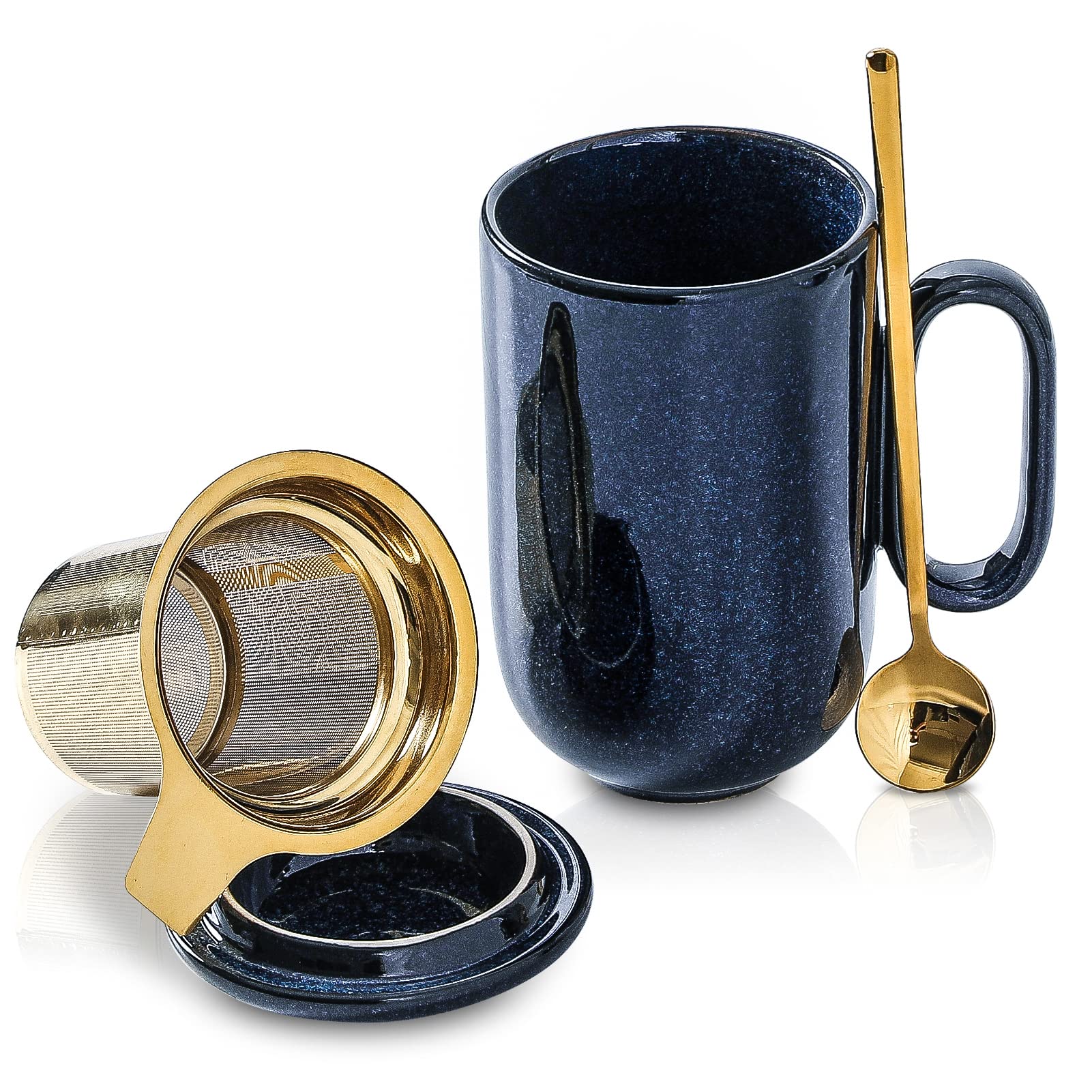Photo 1 of Ceramic Tea Cup Mug Infuser - VICRAYS Large 16 oz Hot Loose Steeping Handle Teacup with Leaf Infuser Spoon Lid - Blue Tall Glazed Strainer Coffee Mug Microwave Safe - Blue