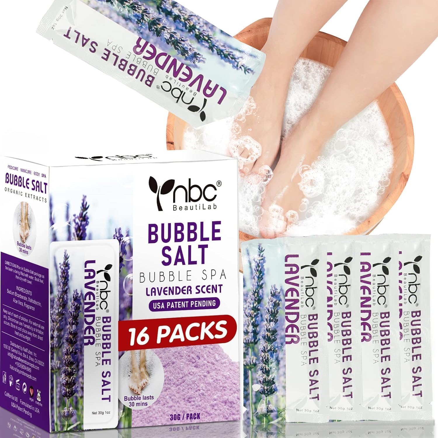 nbc BeautiLab Bubble Foot Bath, Foot Soak for Tired & Dry Cracked Feet, Odor Foot and Softens Calluses, 16 Packs A Box, Lavender Scent