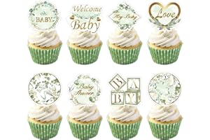 Weecent 48 Pcs Greenery Baby Shower Cupcake Toppers Oh Baby Party Decorations Sage Green Party Cake Toppers Boy Girl Birthday Green Leaf Cake Decorations
