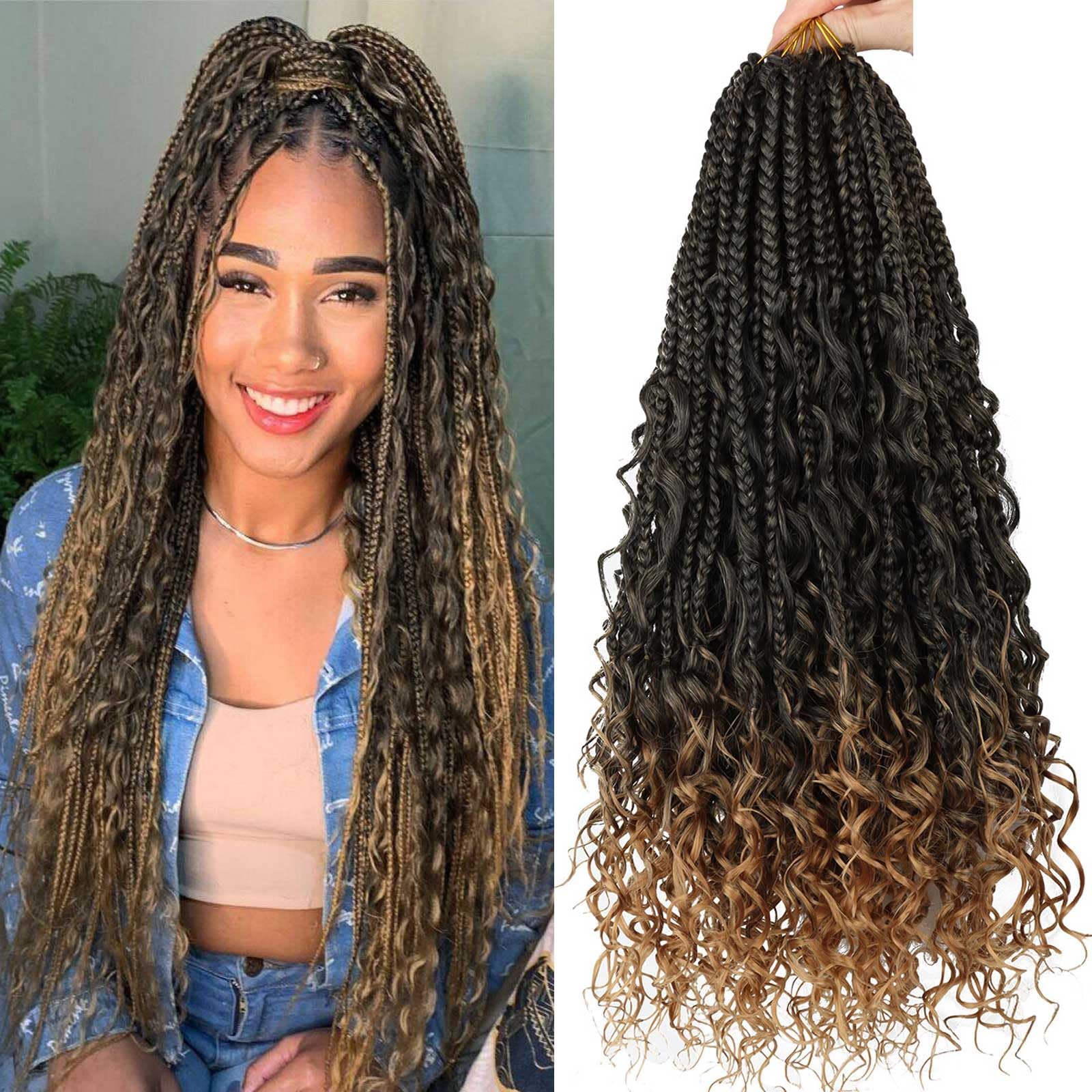 Photo 1 of 20 inch Goddess Box Braids Crochet Hair 8 Packs Bohemian Box Braids Crochet Braids Pre Looped Crochet Box Braids With Curly Ends Synthetic Braiding Hair Extensions for Black Women T27#