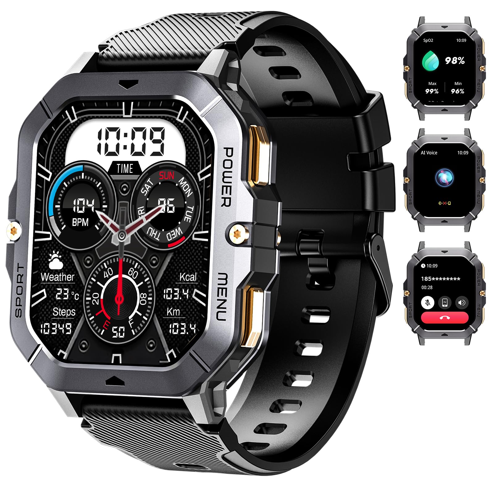 OUKITEL Smartwatch Men's 2.02 Inch Military Fitness Watch with Bluetooth Calls, Rugged Smart Watch Waterproof 410 mAh Sleep 100+ Sports Mode Pedometer for Android iOS