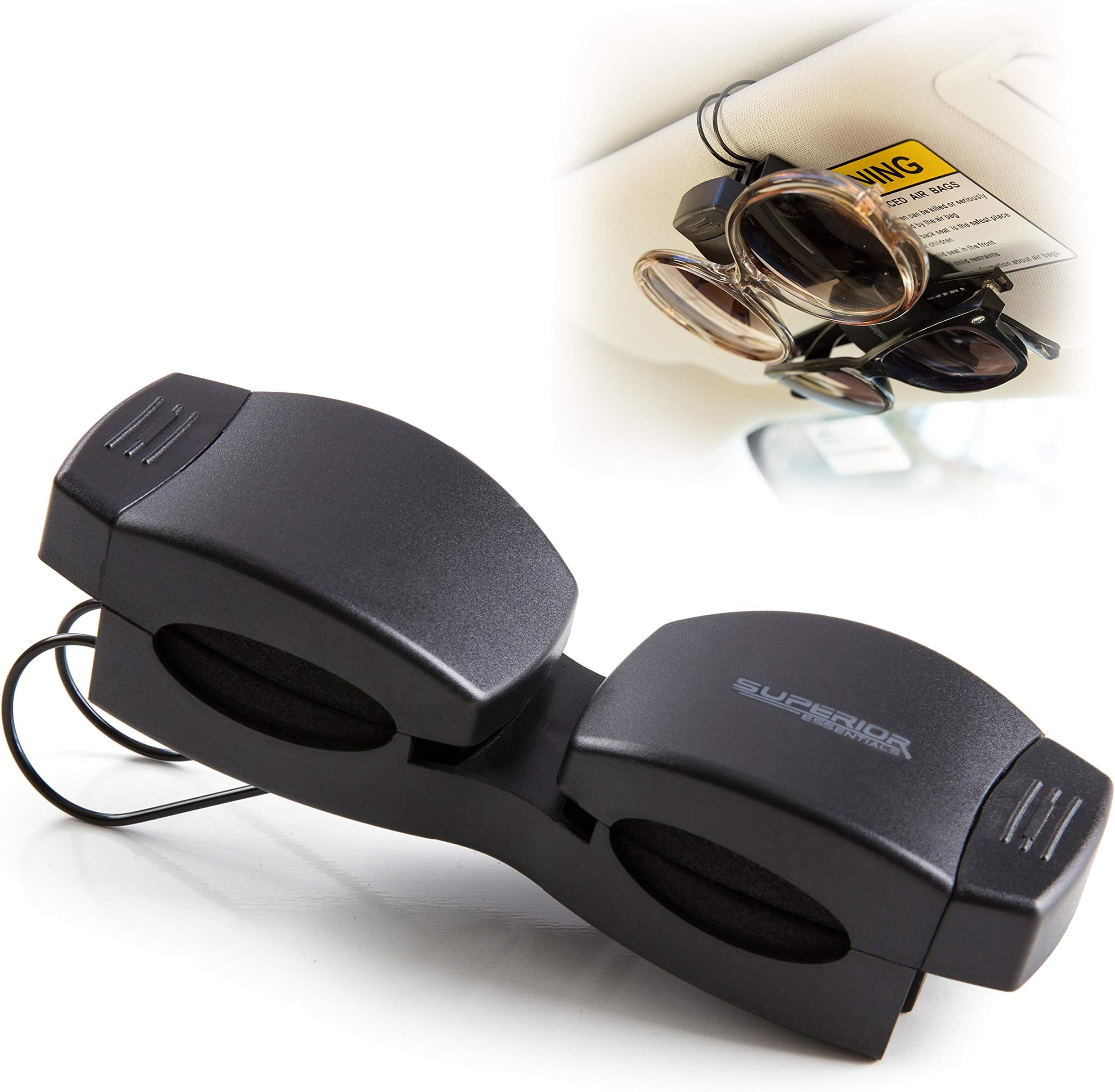 Superior Essentials Locking Double Sunglasses Holder for Sun Visor-Securely Holds Glasses & Sunglasses on Sun-Visor