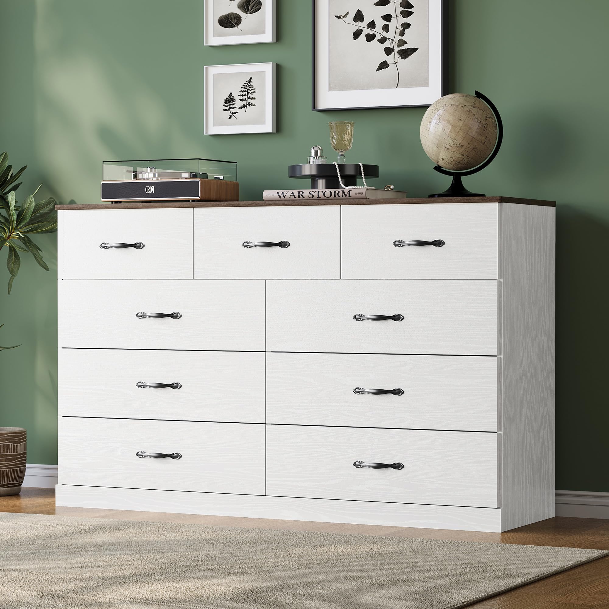 Photo 1 of LINSY HOME 9 Drawer Dresser for Bedroom, 54" Wide Chest of Drawers, Modern TV Stand Dressers with Wood Frame and Metal Handles, Large Drawer Organizer for Bedroom, Living Room, White