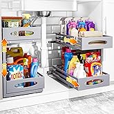 mixeshop Under Sink Organizer, 2 Tier Under Sink Organizers and Storage, Adjustable Height, Slide out Metal Cabinet Organizers, Pull out Cabinet Storage Drawer Shelf for Kitchen Bathroom Gray 2Pack
