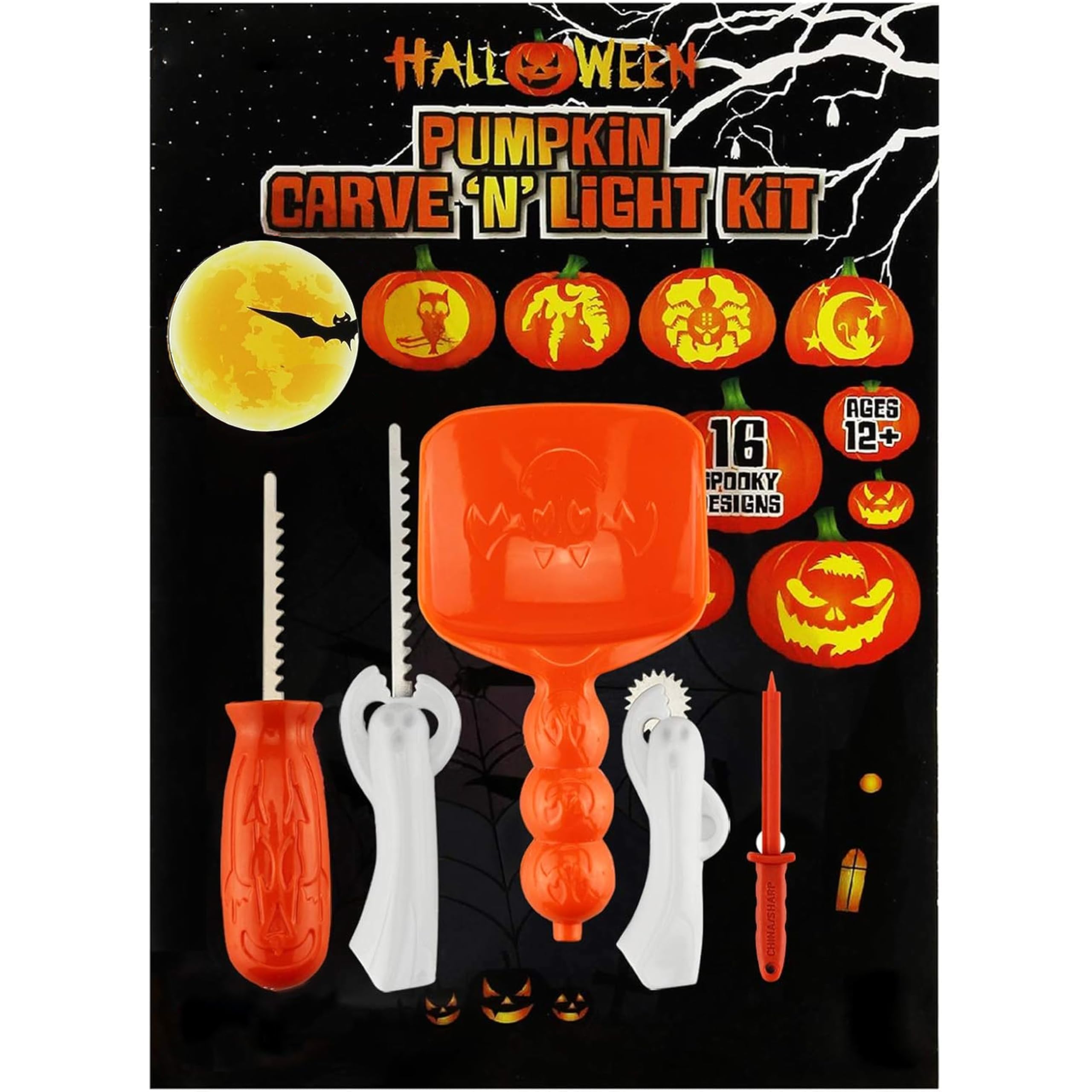 AMOS Halloween Pumpkin Carving Kit with 16 Stencil Designs + 5 Tools