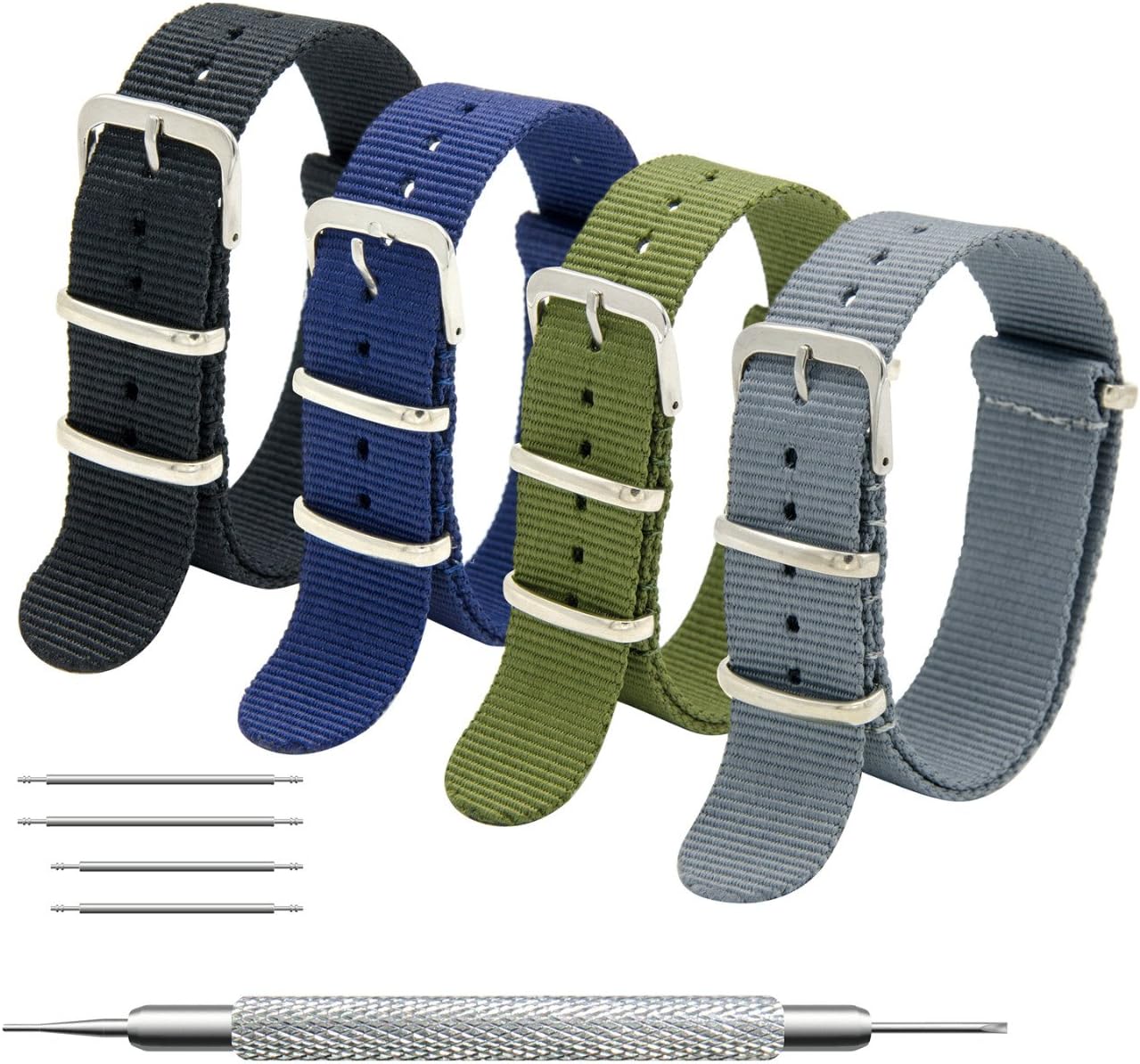 NATO Strap 4/8 Packs 16mm 18mm 20mm 22mm 24mm Ballistic Nylon Watch Bands Swiss Zulu Straps Stainless Steel Buckle with 4 Top Spring Bars and Spring Bar Link Pin Remover Tool