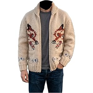 MERCH ATTIRE Men's Vintage Wool Sweater with Wolf Pattern - Iconic Heavy-knit cardigan Inspired By Famous Actor