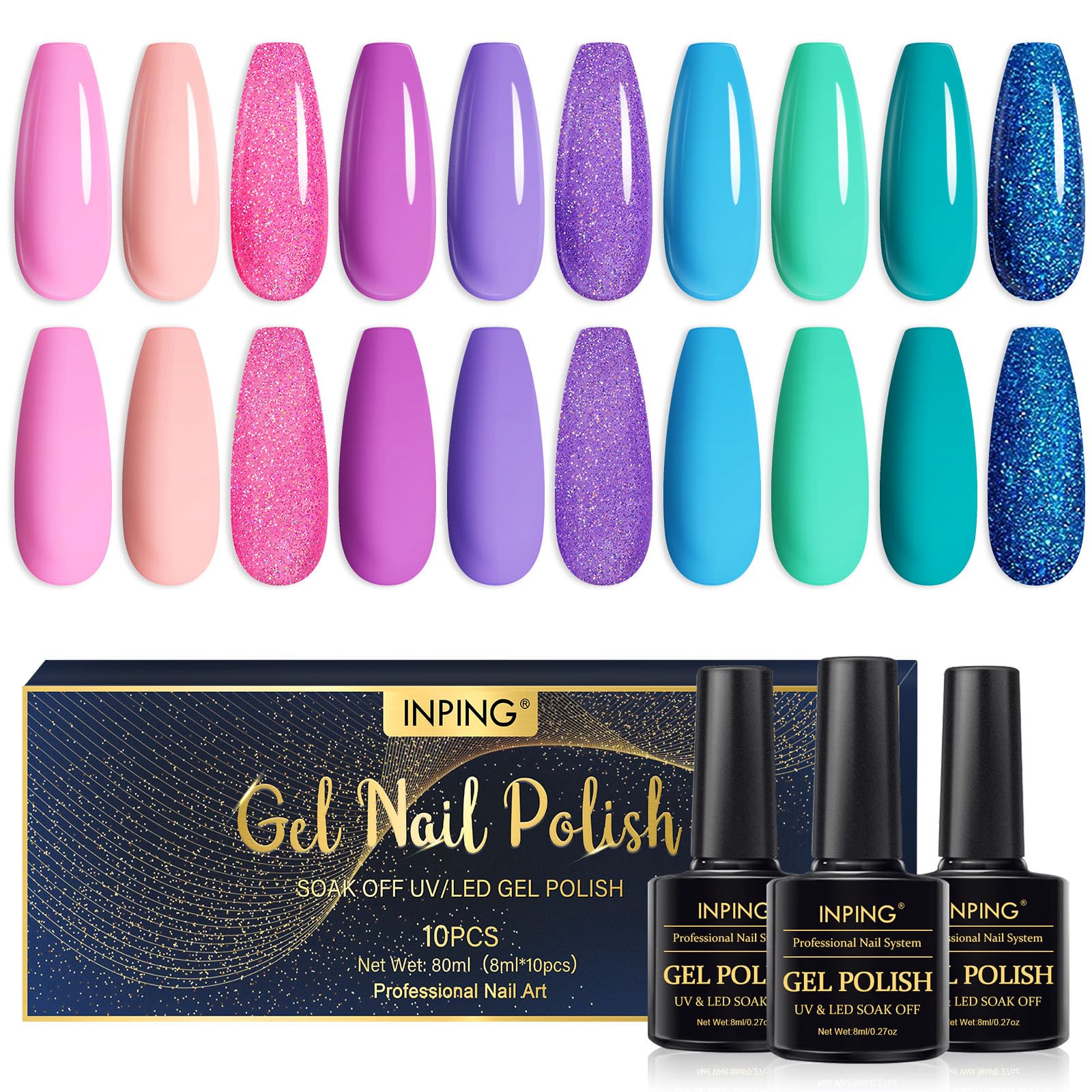 INPING Mermaid Gel Polish Set, 10 Colors Gel Nail Polish Kit, Pink Purple Blue Glitter Soak Off UV Nail Polish for Starter Beginner DIY Nail Art Manicure Salon, Mermaid, 8 ML