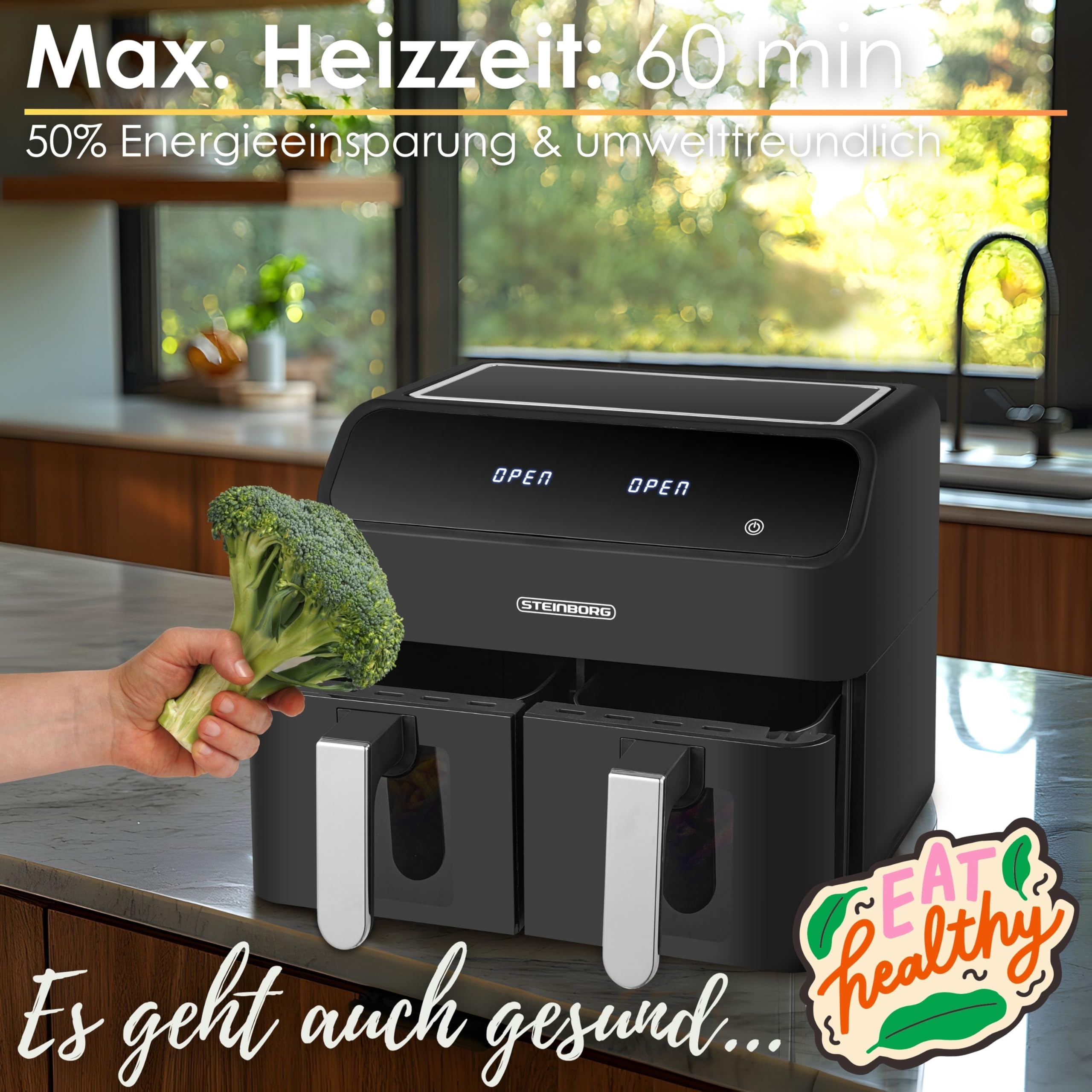Heißluftfritteuse 2 Kammern 8 Liter Heissluftfritteuse Fritteuse Grillen Backen Dörren Dörrautomat Frittieren XXL Air Fryer Friteuse ohne Öl Heißluftofen Heißluftgrill 4 in 1 Mini Backofen 8