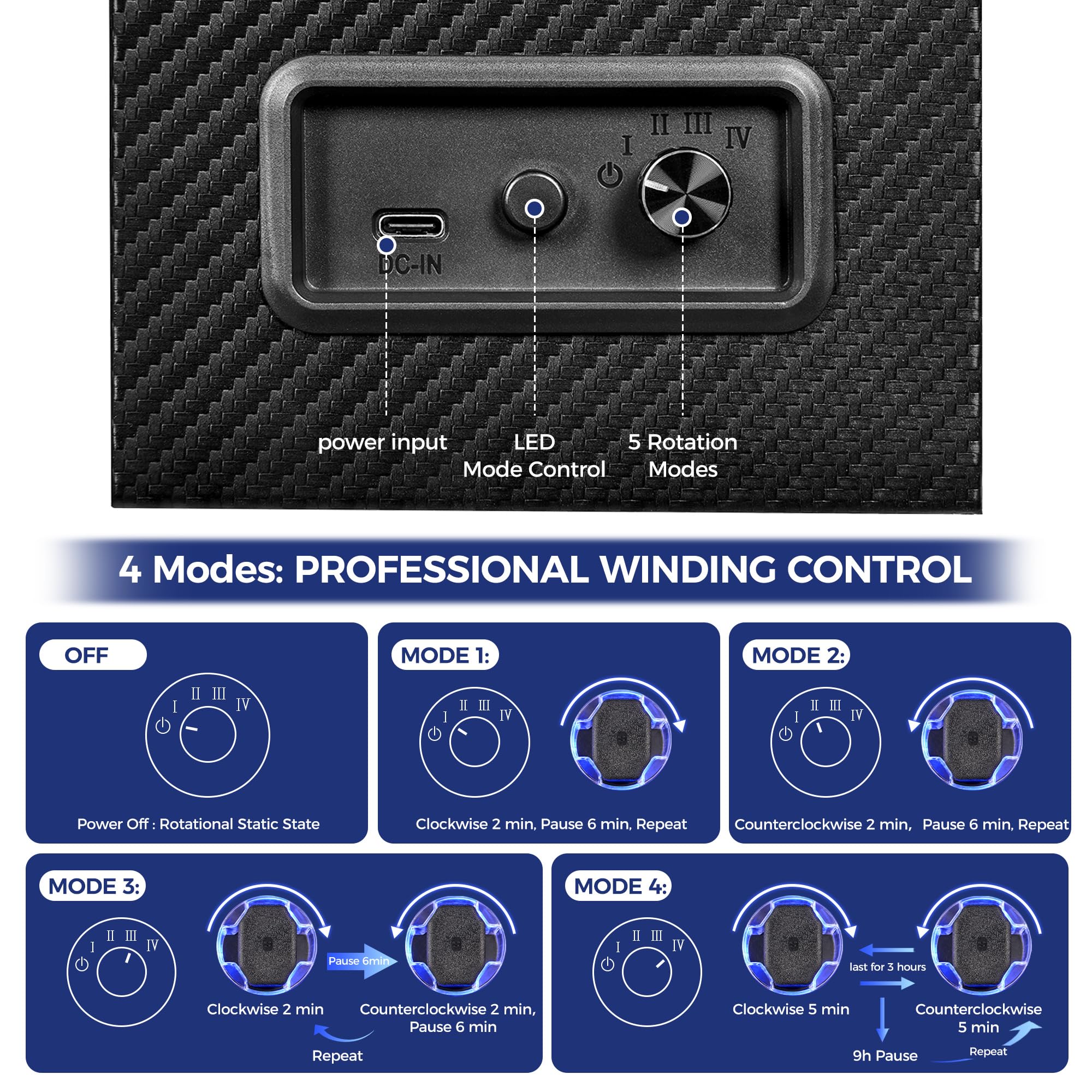 ANWBROAD ANWBROAD Watch Winder for Automatic Watches, 4 Modes Double Automatic Watch Winder box with LED Crystal Design, Rotating Watch Case with Super Quiet Motor with Type-C Adapter