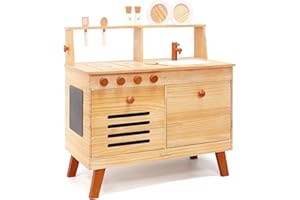 PairPear Wooden Play Kitchen Set, Solid Pine Wood 2 in 1 Kids Kitchen & Market Shelf with Chalkboard, Natural Finish, 7 Piece Pretend Play Kitchen playset for Age 3+