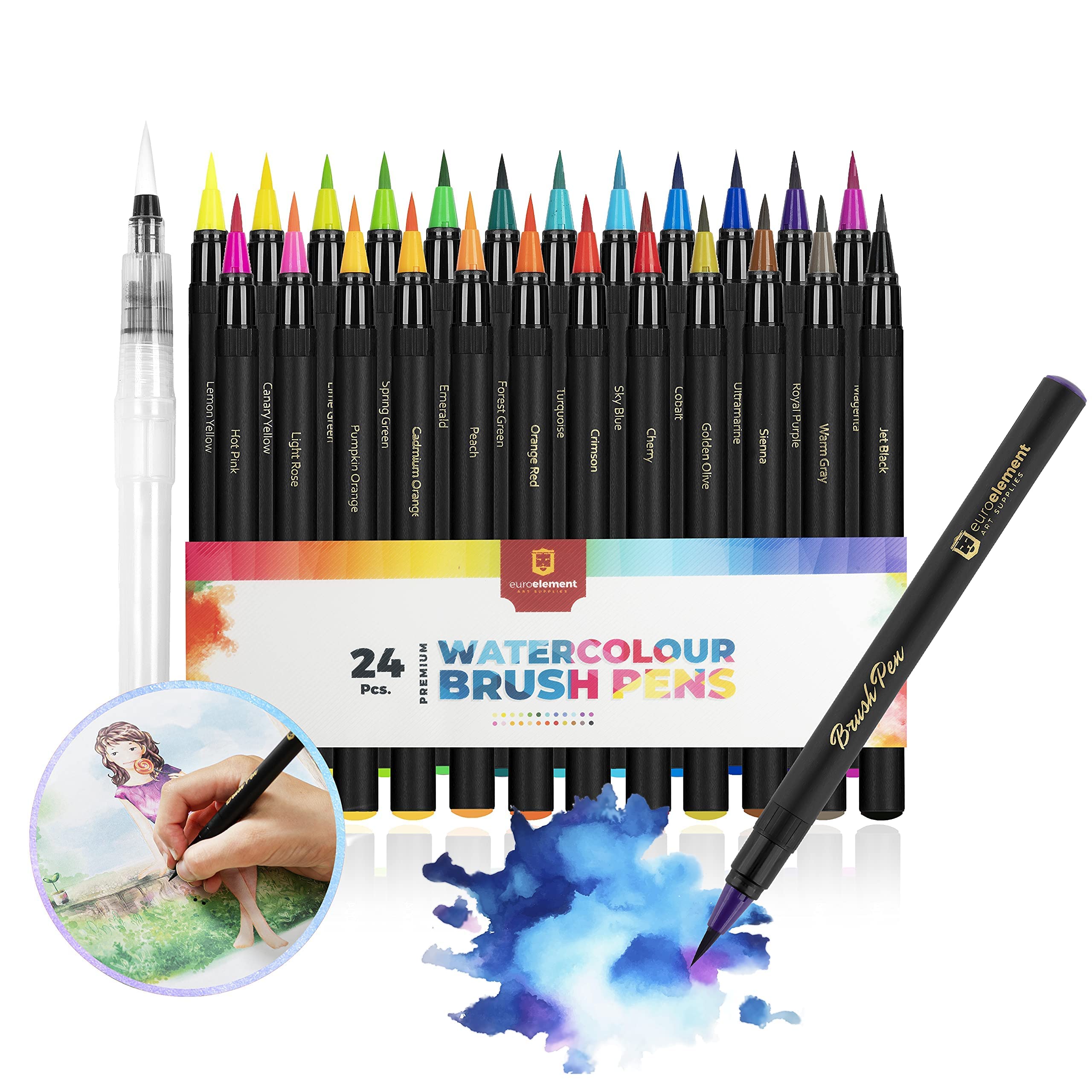EuroElement Art Supplies Brush Pens Set- 24+1 Watercolour Brush Pens- Calligraphy Pens with Soft, Flexible Nylon Brush Tip, Colouring Pens, Art Pens