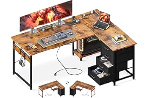 Casaottima L Shaped Desk with 4 Tier Drawers, 53" Gaming Desk with Power Outlets & USB, Reversible L-Shaped Computer Desk with CPU Stand, Home Office Corner Desk with Storage, Easy Assemble, Vintage