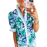 BKBEY Womens Ruffle Trim Floral Blouse Short Puff Sleeve V Neck Button Down Shirts Top