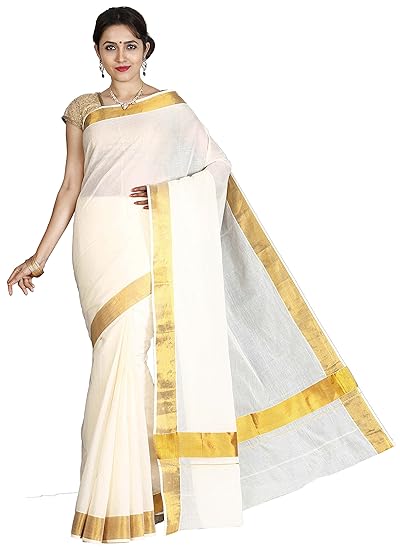 Kerala Kasavu plain saree with fancy zari stripe