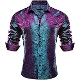 Barry.Wang Men Dress Shirts Long Sleeve Button Down Silk Paisley Floral Party Shirt Jacquard Business Formal