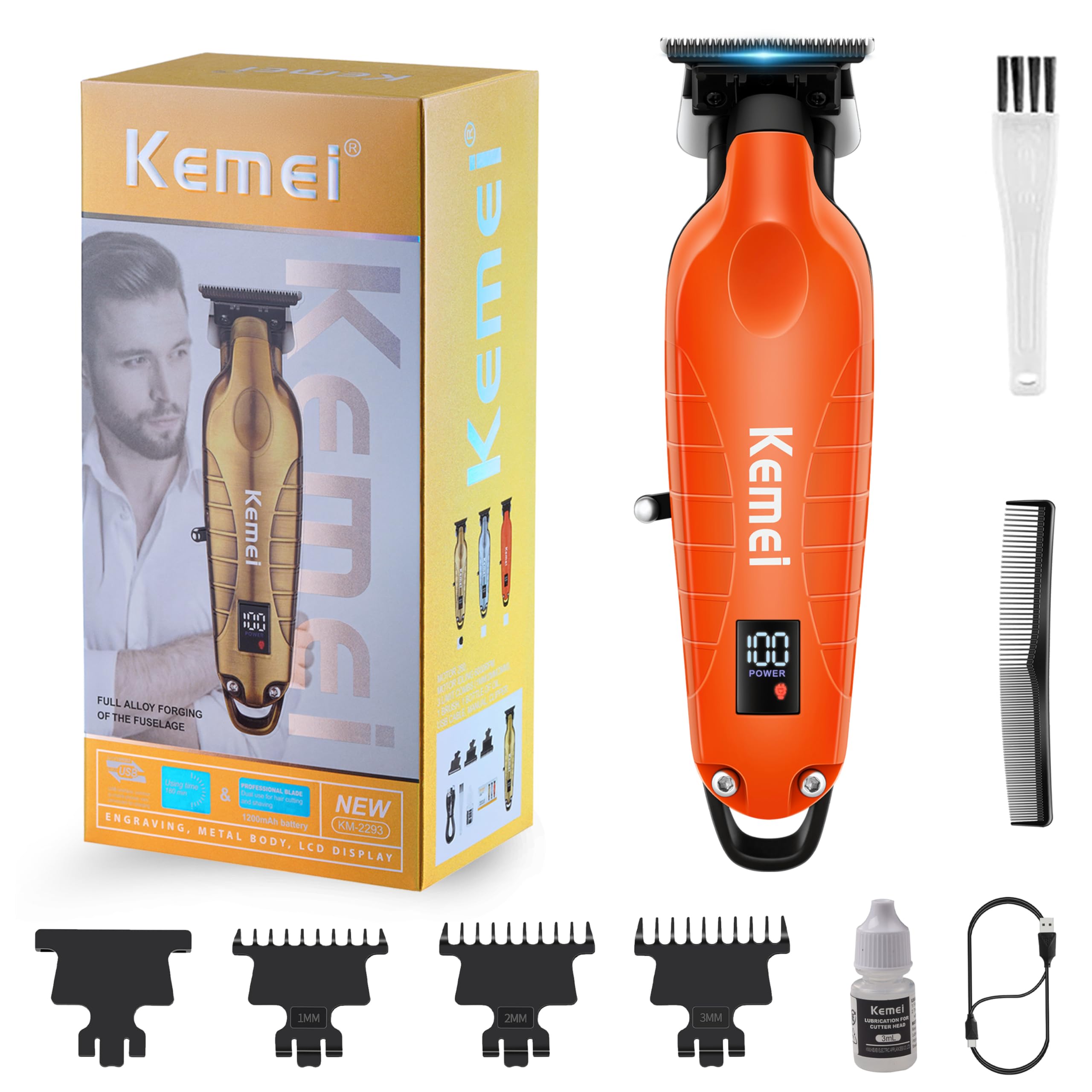 KEMEI 2293 Professional Hair/Beard Trimmer for Men Zero Gapped Hair Clippers for Barber with T Blade, Cordless Rechargeable, Orange