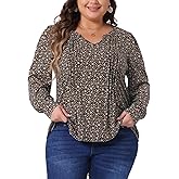 Agnes Orinda Plus Size Top for Women Long Sleeve Pleated Notch V Neck Floral Tunic Blouses Dressy Casual