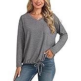 V Neck Long Sleeve T Shirts for Women Basic Drawstring Blouse Tees Elastic Hem Spring Fall Tunic Top 2026 Trendy