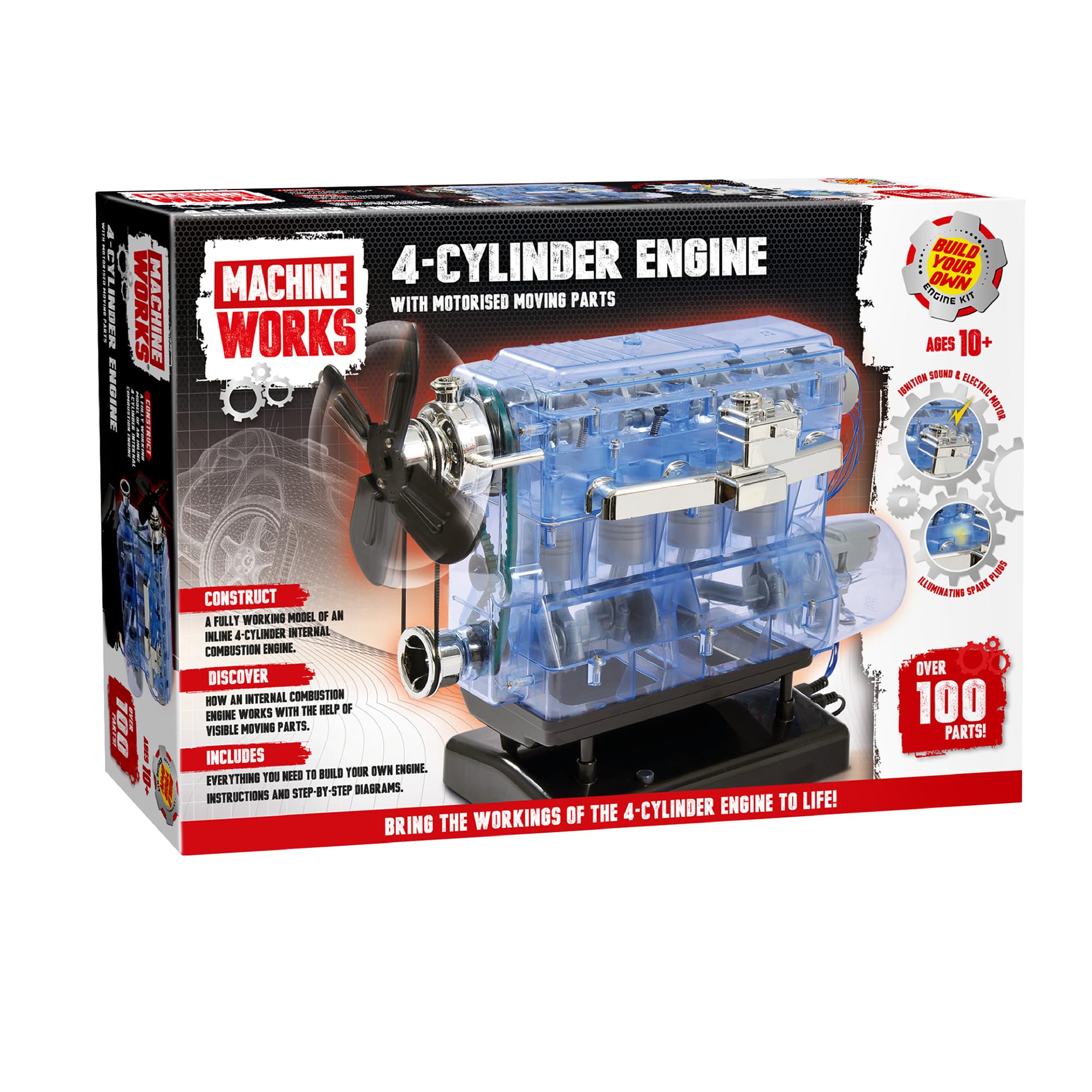 Machine Works Build Your Own 4-Cylinder Engine Toy - Replica Model Building Kit - Features Augmented Reality, Sounds and Illumination, 100+ Pieces, 10+ Years
