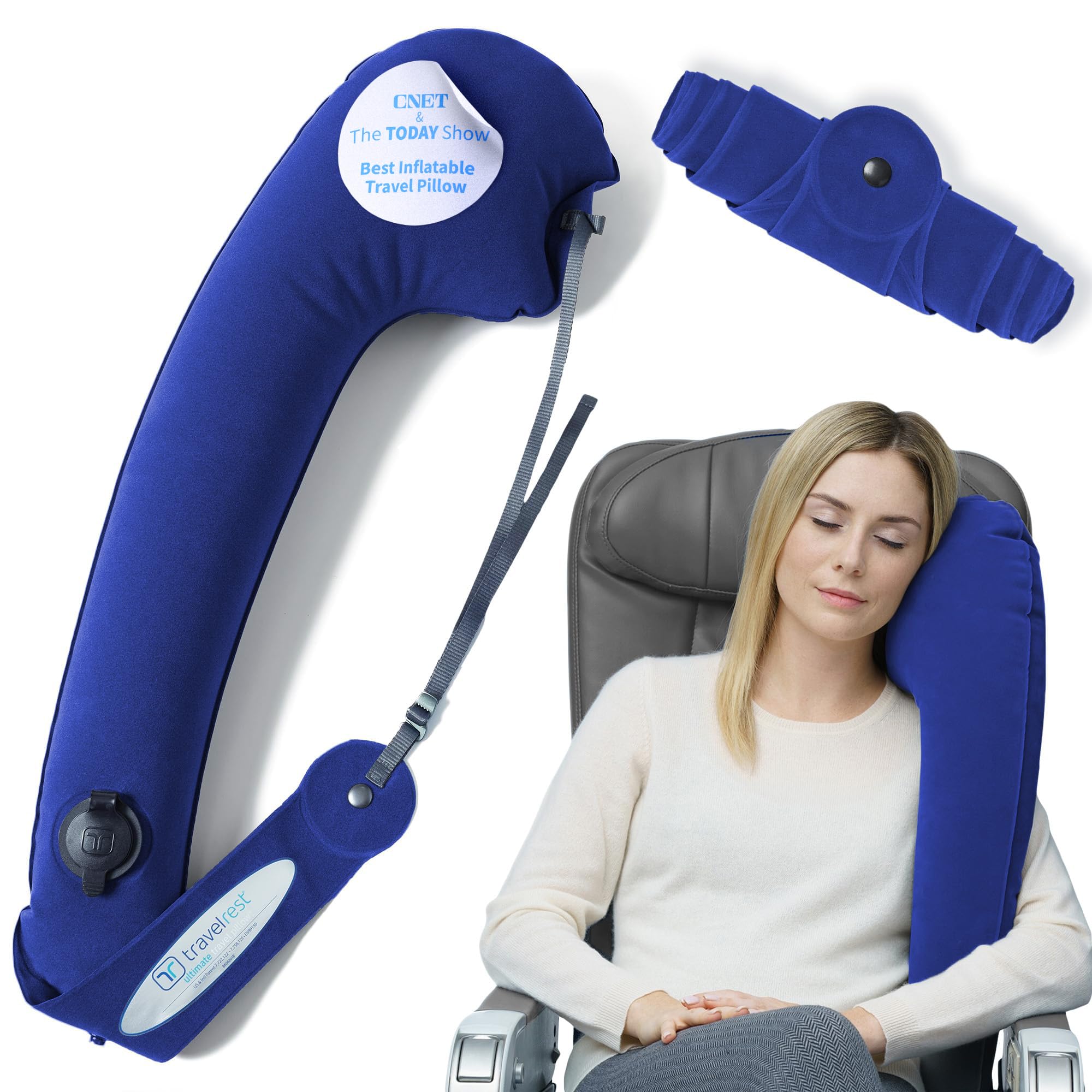 TRAVELREST Ultimate Travel Neck and Body Pillow - Unparalled Support Design, Essentail for Bus, Train, Airplane, Office, Wheelchairs, Comfort and Support, Rolls Up, Straps to Airplane Seat & Car- Blue